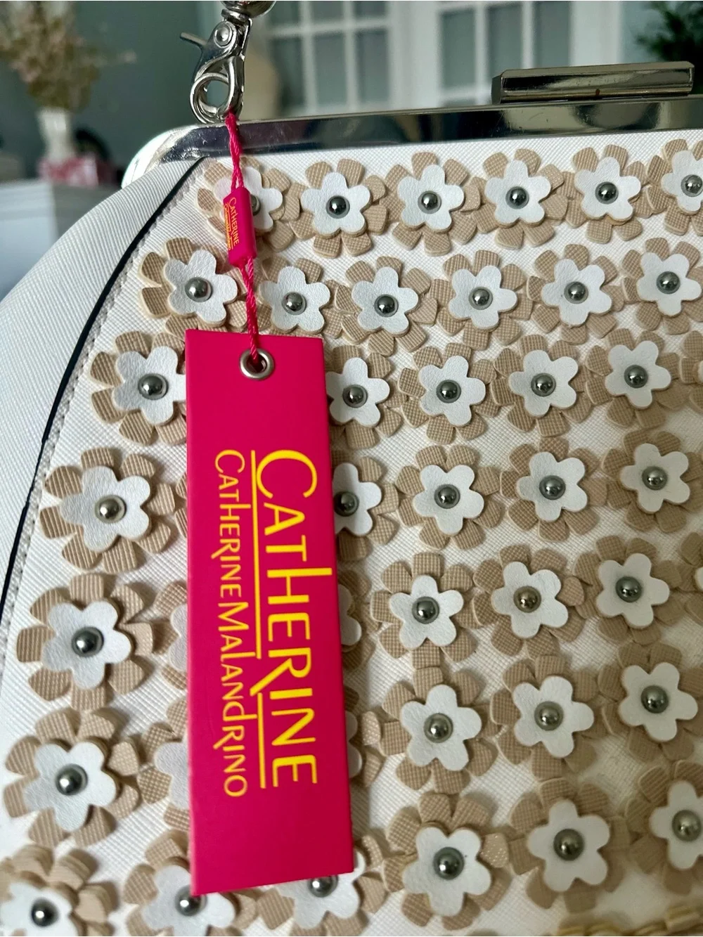 Catherine Malandrino White Satchel with Black-and-White Braided Handle